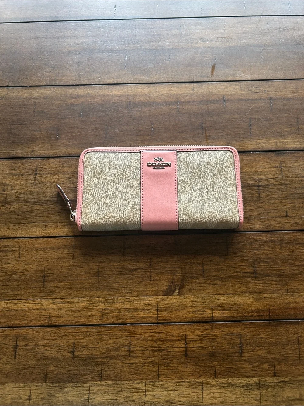 Coach Zip-Around Wallet in Khaki Canvas with Pink Trim